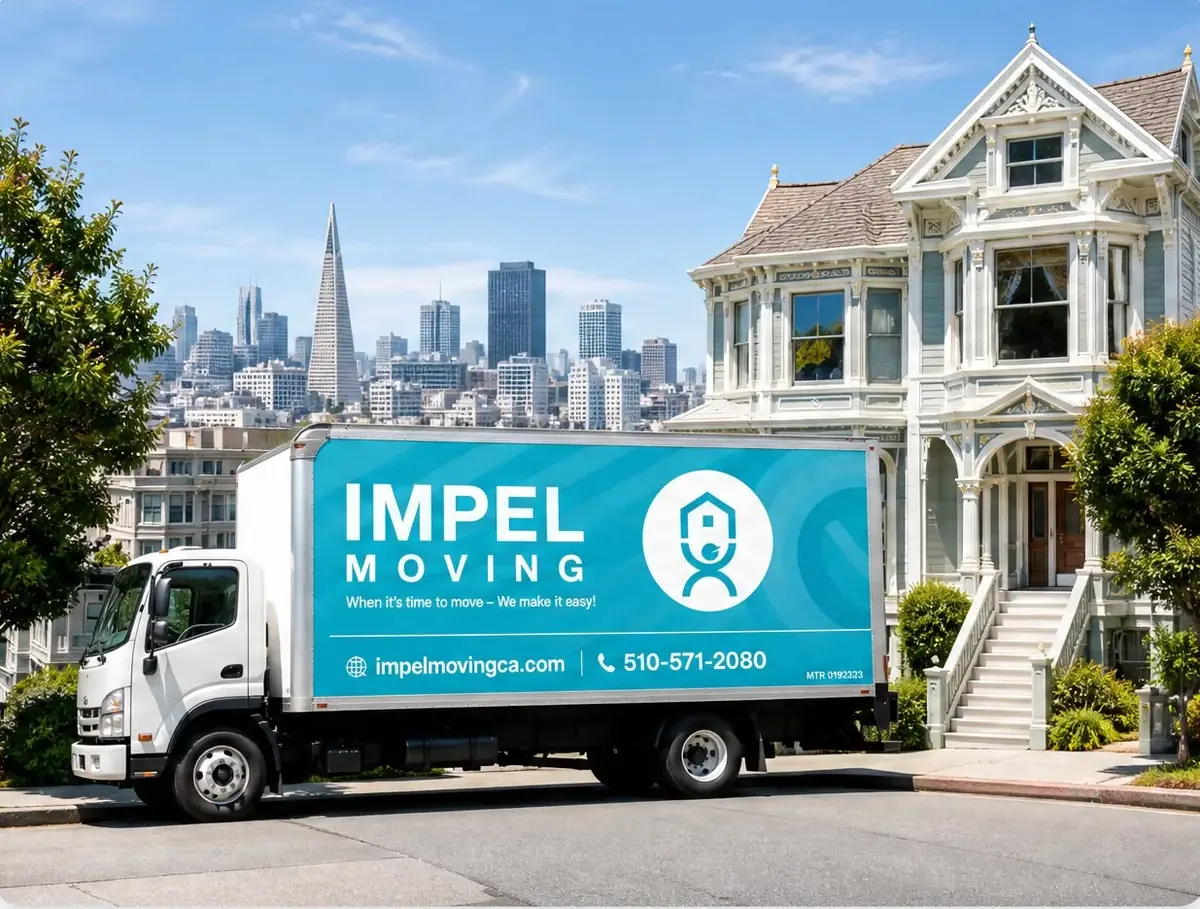 An Impel Moving truck parked on a San Francisco street in front of a Victorian home, with the city skyline behind.